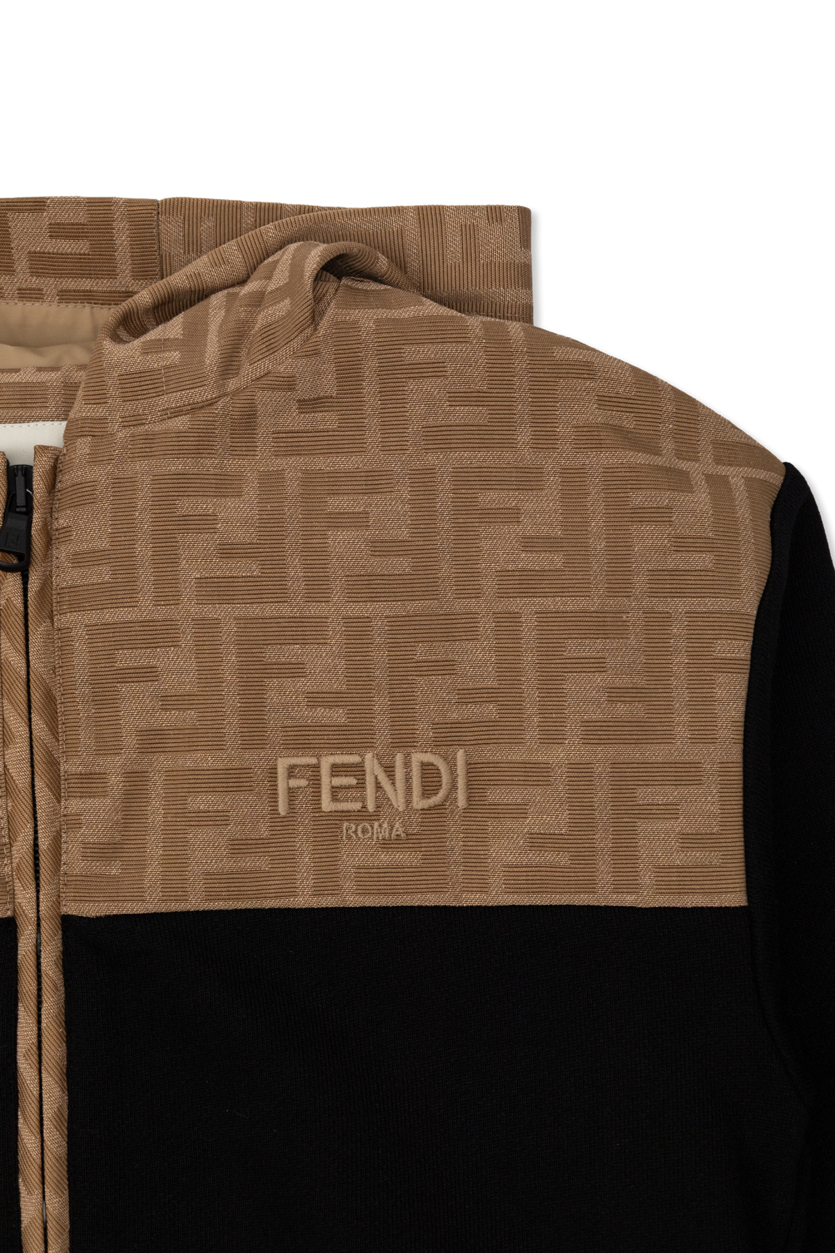 Felpa nera con cappuccio a contrasto beige con logo FF Fendi