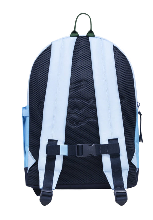 Zaino bicolore blu e azzurro con dettaglio patch cucito Lacoste cucito frontale