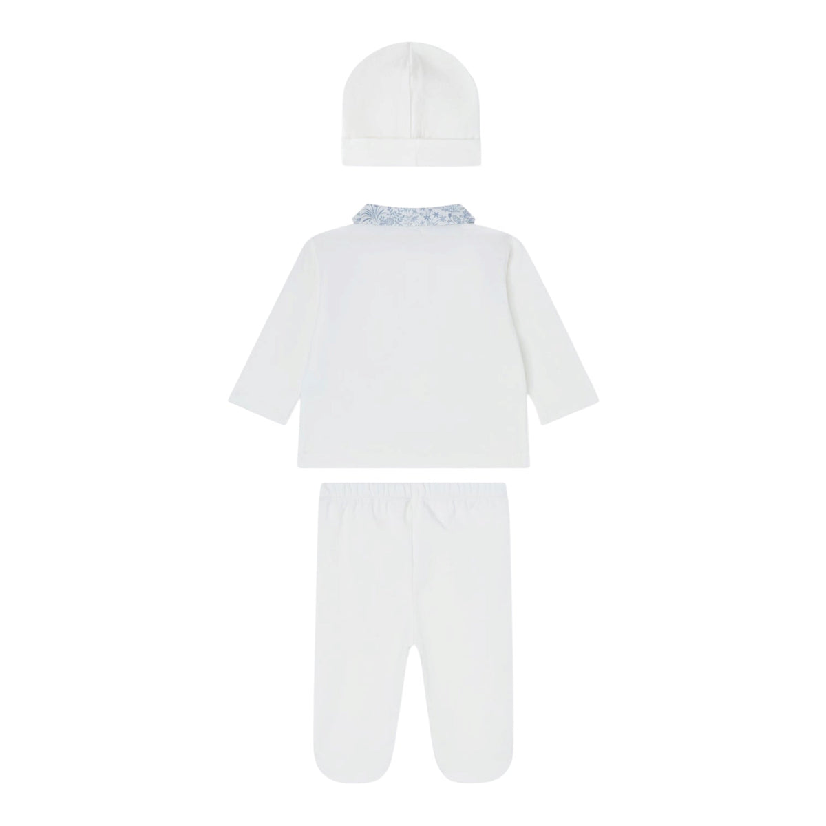Tutina 2 pezzi e cappello bianco in jersey e tessuto Liberty azzurro Nanan