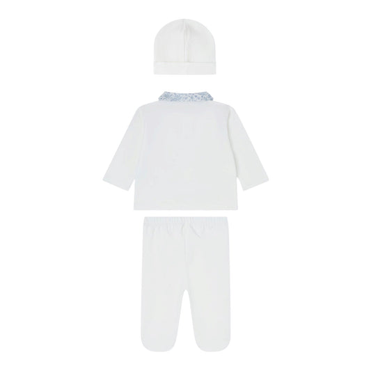 Tutina 2 pezzi e cappello bianco in jersey e tessuto Liberty azzurro Nanan