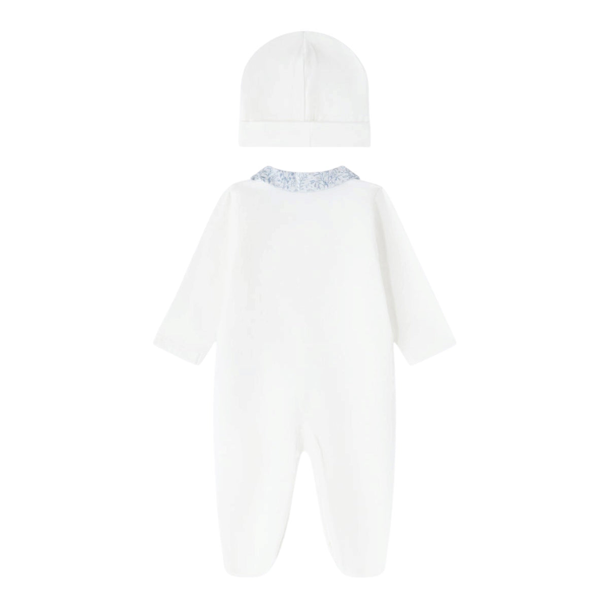 Tutina e cappello bianco in jersey e tessuto Liberty azzurro Nanan