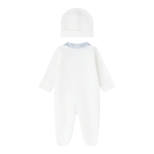 Tutina e cappello bianco in jersey e tessuto Liberty azzurro Nanan