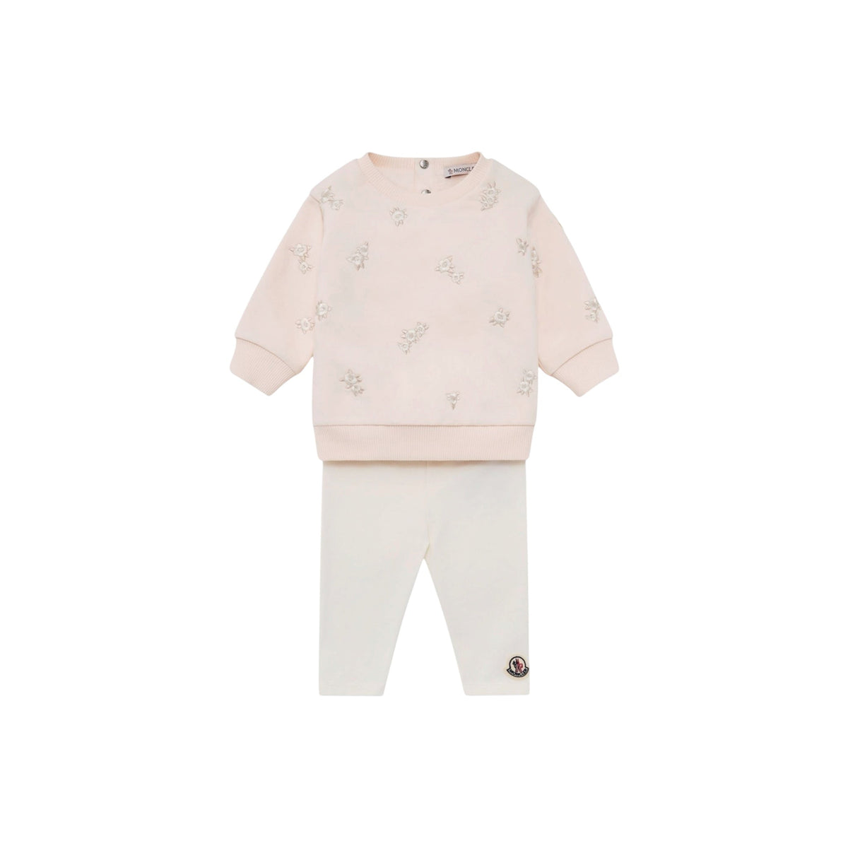 Completo felpa rosa e leggings bianco con ricami e patch logo Moncler