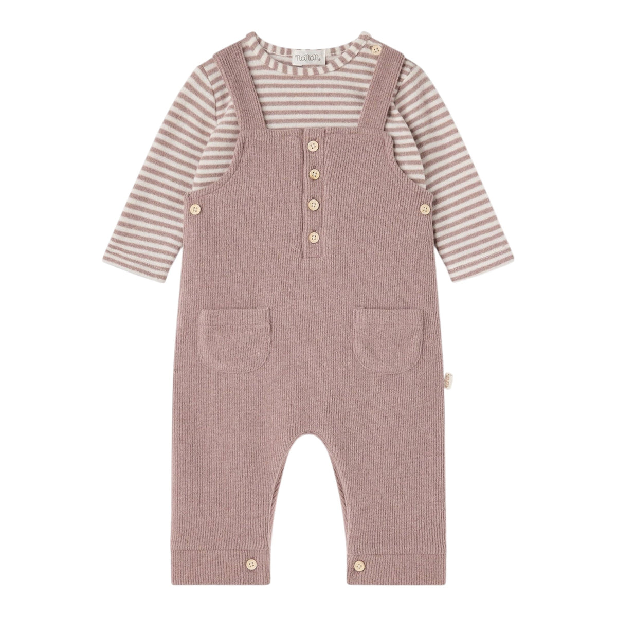 Completo 2 pezzi beige con t-shirt rigata e salopette Nanan