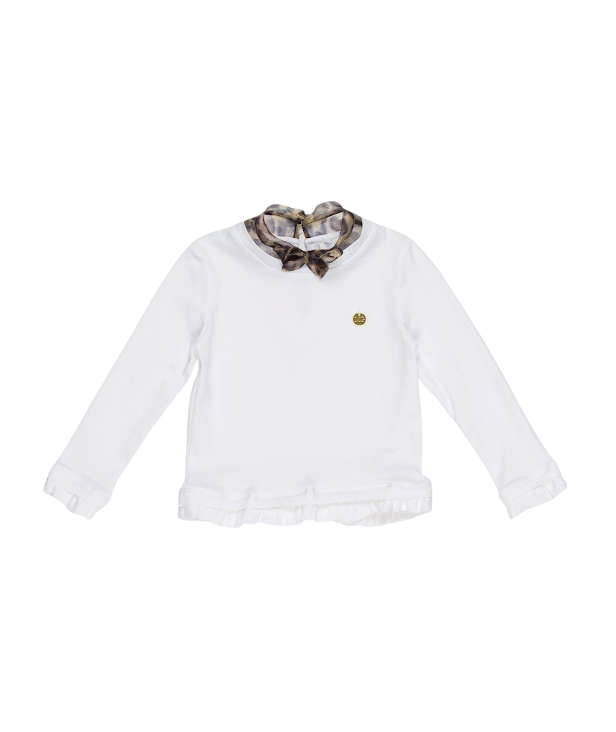 T-shirt bianca con dettagli maculati e logo Miss Grant in metallo