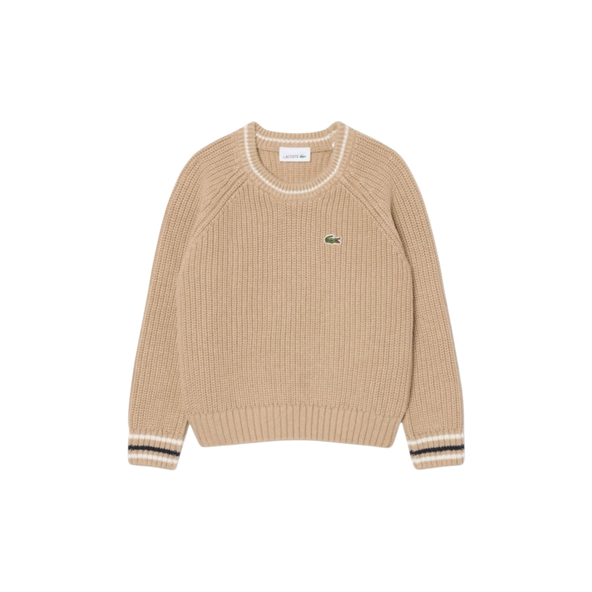 Maglione beige ad intarsio con patch logo Lacoste