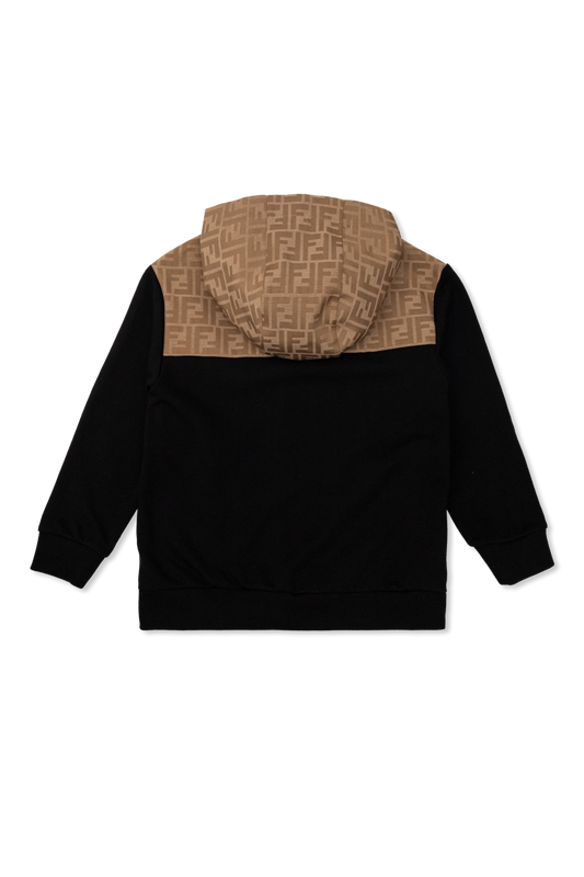 Felpa nera con cappuccio a contrasto beige con logo FF Fendi