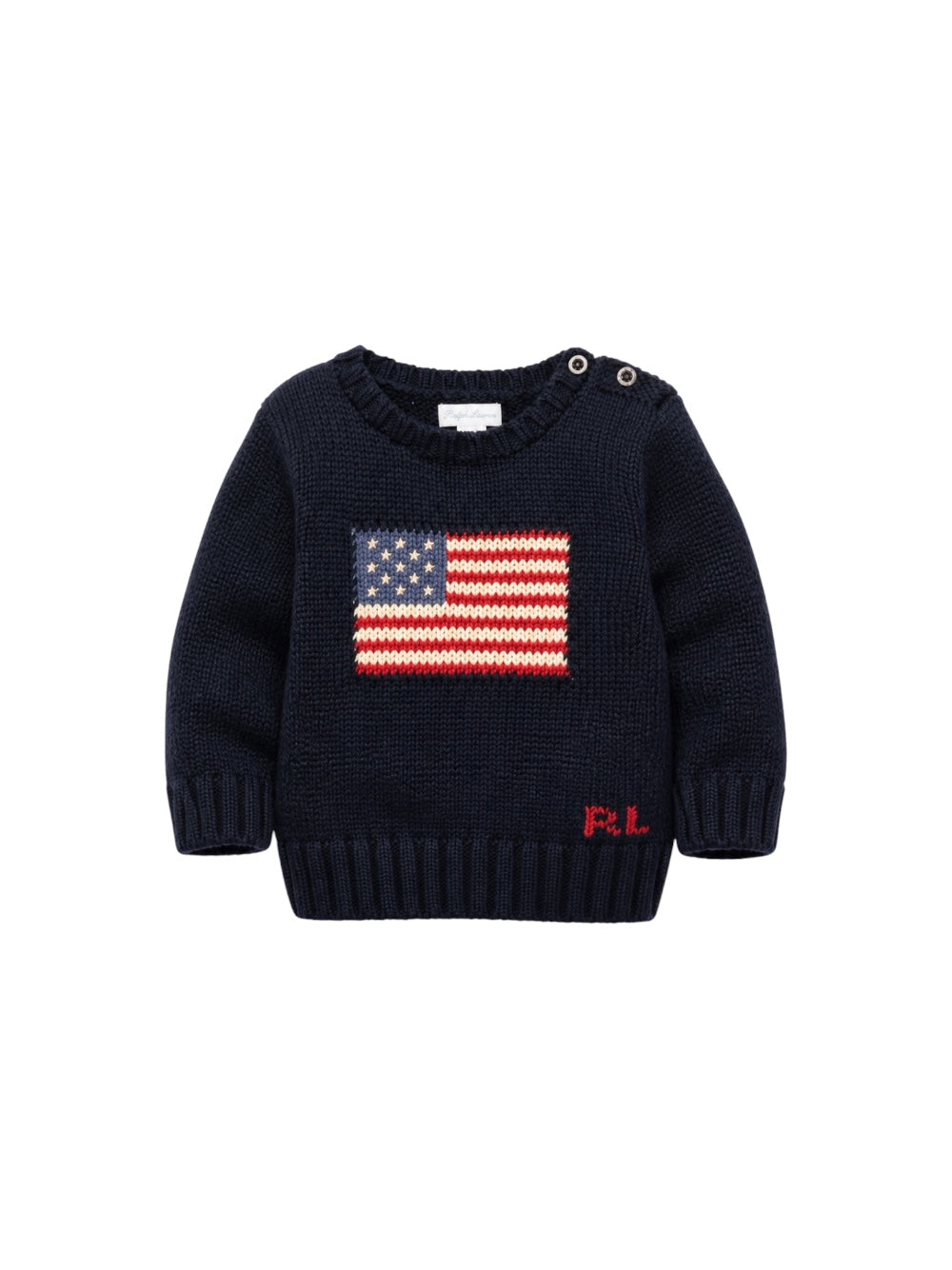 Maglione blu baby con logo Ralph Lauren e bandiera americana frontale