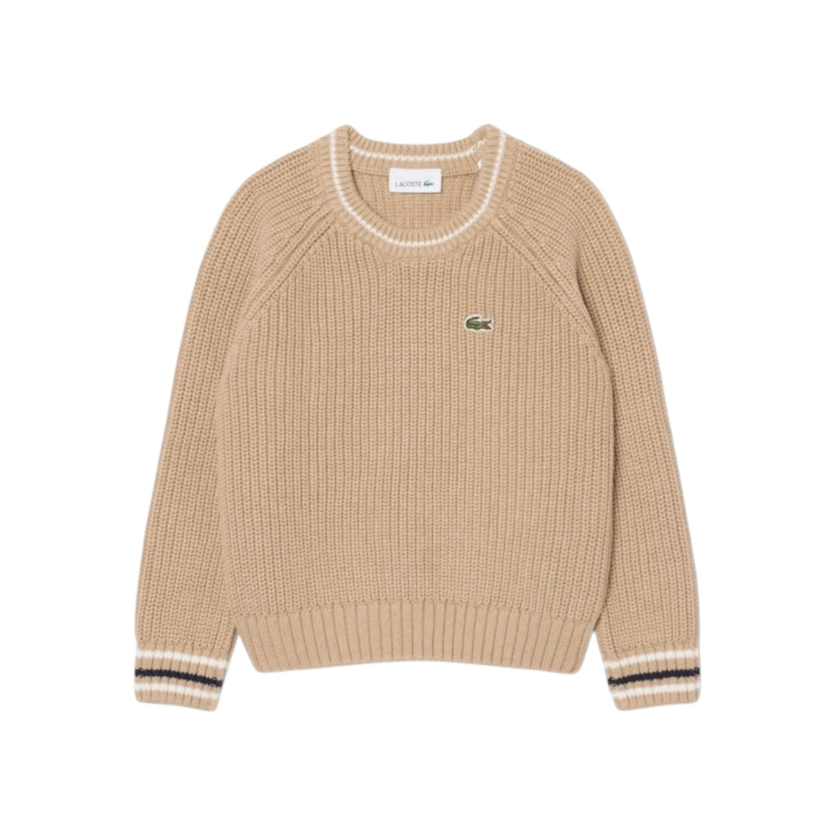 Maglione beige ad intarsio con patch logo Lacoste