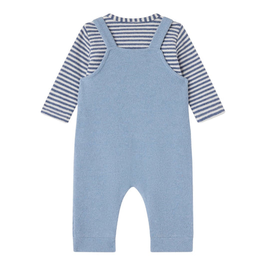 Completo 2 pezzi azzurro con t-shirt rigata e salopette Nanan