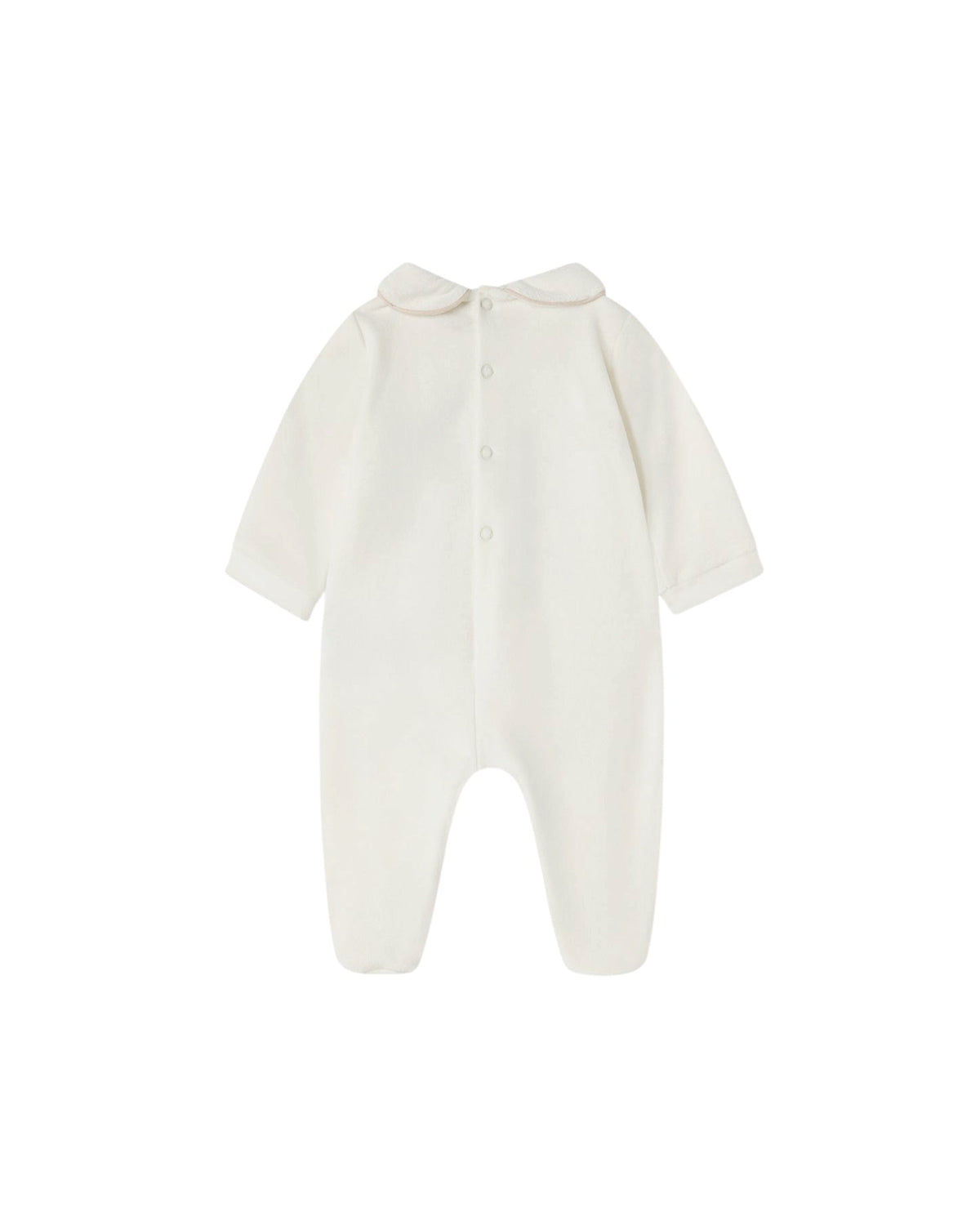 Tutina in ciniglia bianca con patch orsetto con palloncini e logo Nanan frontale