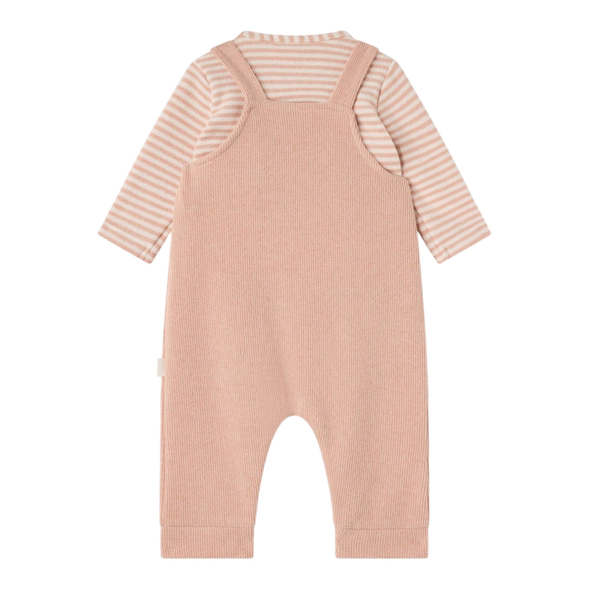 Completo 2 pezzi rosa con t-shirt rigata e salopette Nanan