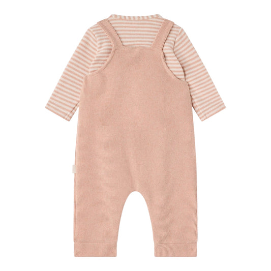 Completo 2 pezzi rosa con t-shirt rigata e salopette Nanan