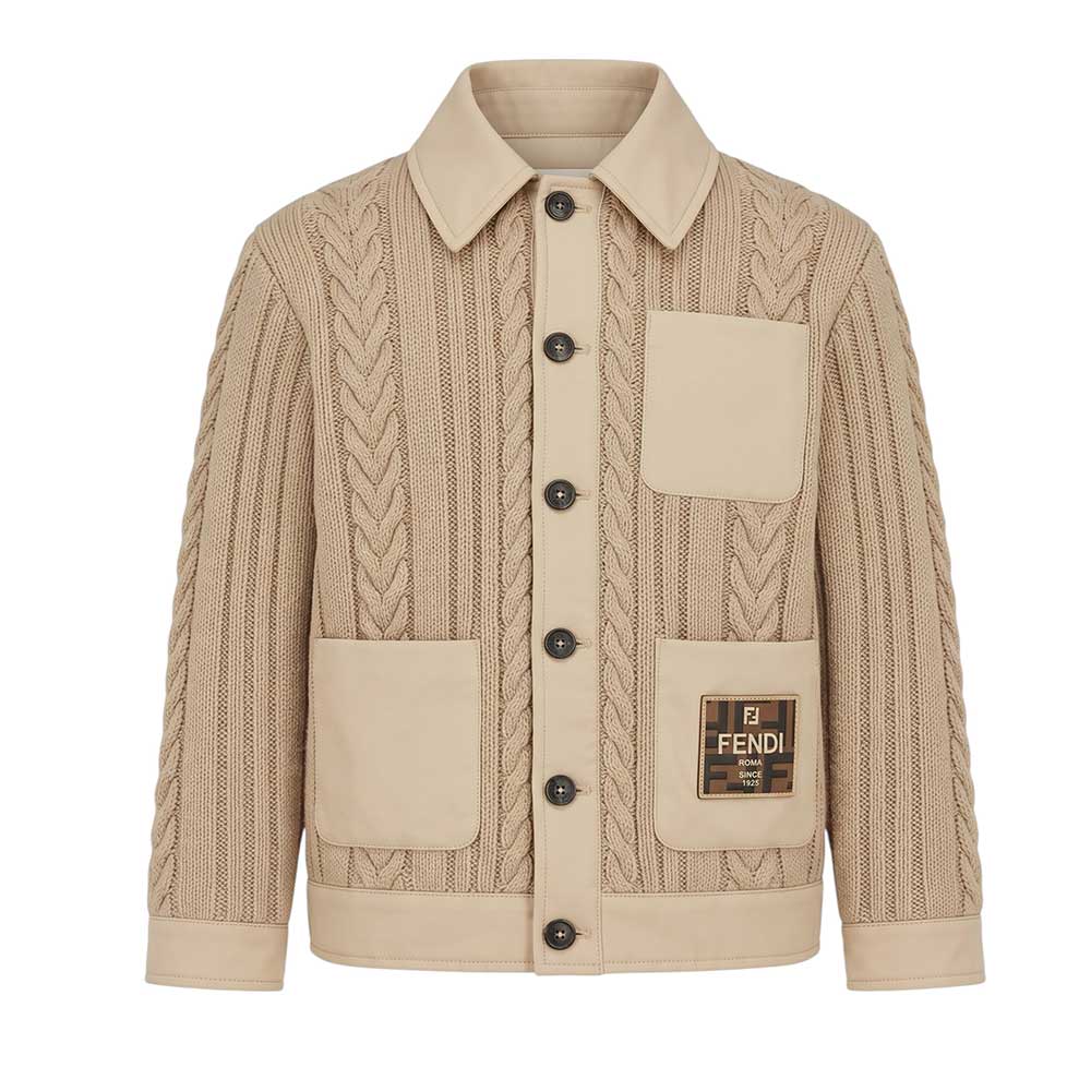 Cardigan giubbino beige con dettagli logo Fendi