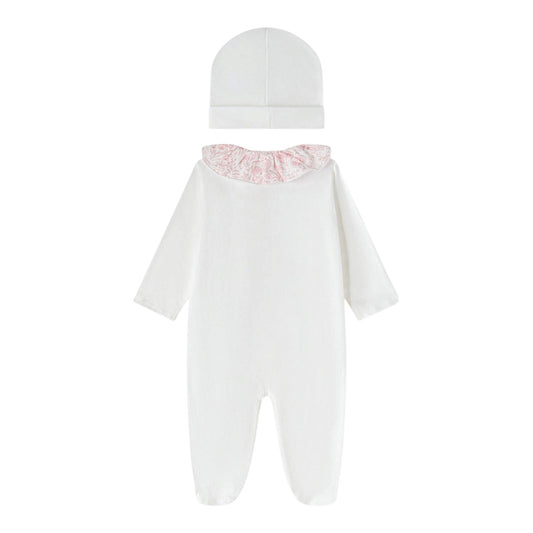 Tutina e cappello bianco in jersey e tessuto Liberty rosa Nanan