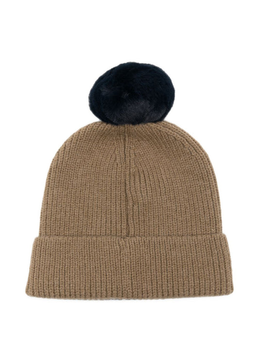 Cappello marrone con pompon blu e patch logo Timberland