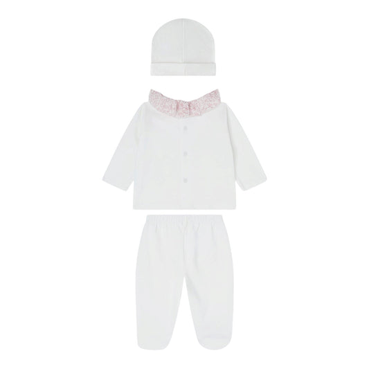 Tutina 2 pezzi e cappello bianco in jersey e tessuto Liberty rosa Nanan