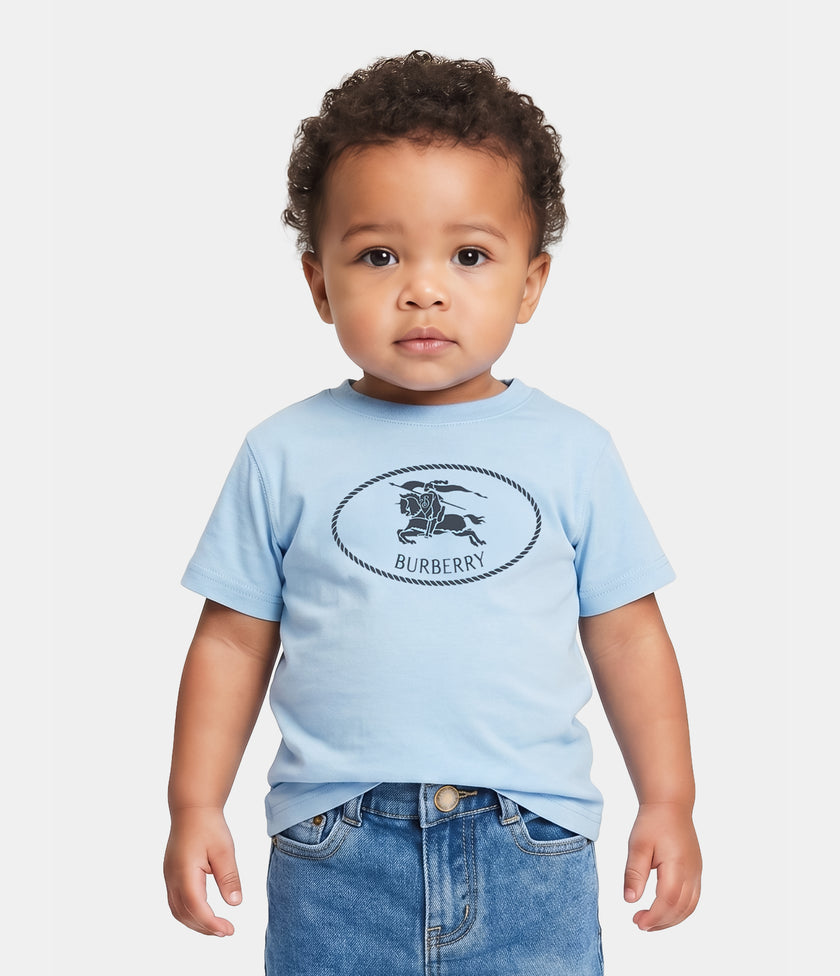 T-shirt baby azzurra con stampa logo Burberry frontale