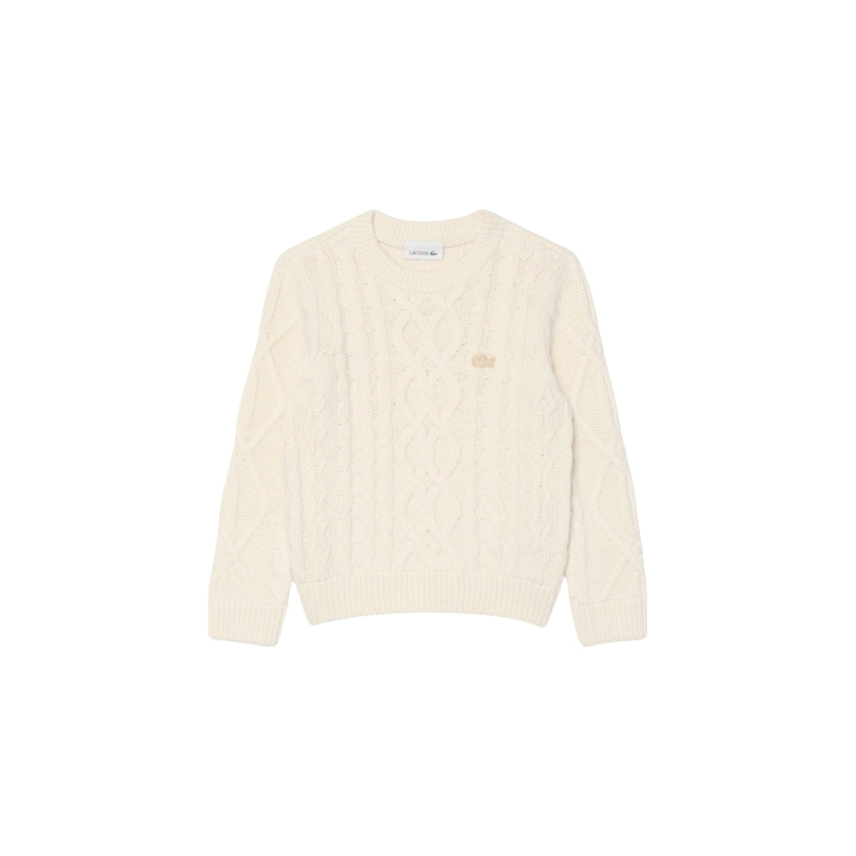 Maglione bianco ad intarsio con trecce e logo Lacoste