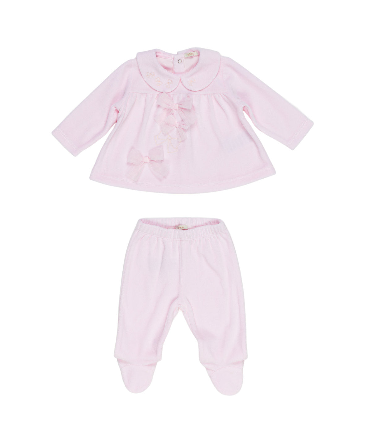 Completo 2 pezzi in ciniglia rosa con logo Le Bebé frontale