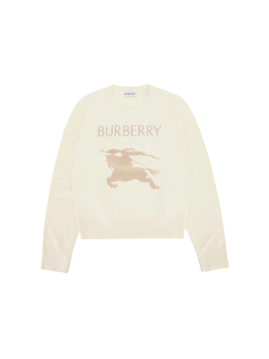 Maglione beige con logo Burberry ad intarsio e contrasto frontale