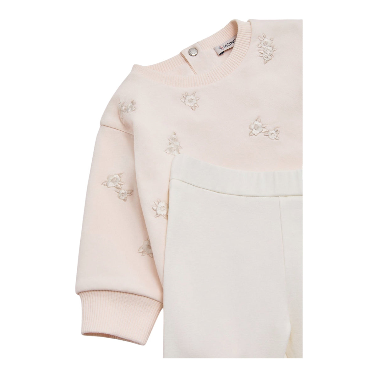 Completo felpa rosa e leggings bianco con ricami e patch logo Moncler