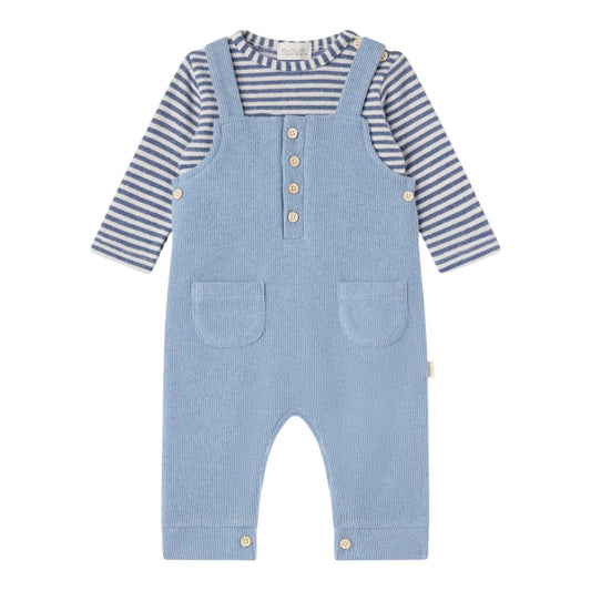 Completo 2 pezzi azzurro con t-shirt rigata e salopette Nanan