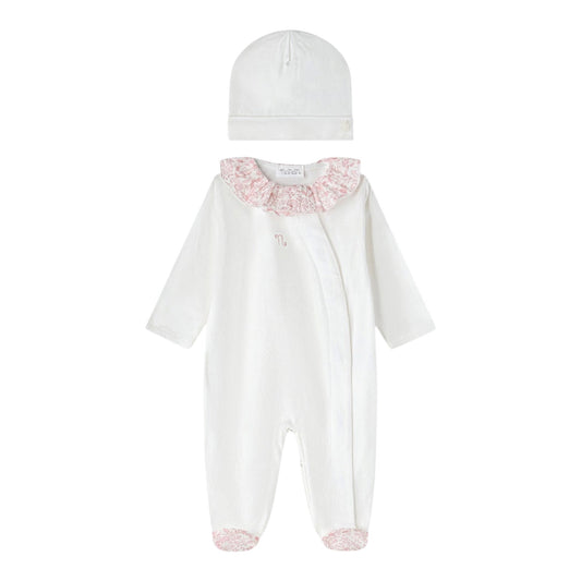 Tutina e cappello bianco in jersey e tessuto Liberty rosa Nanan