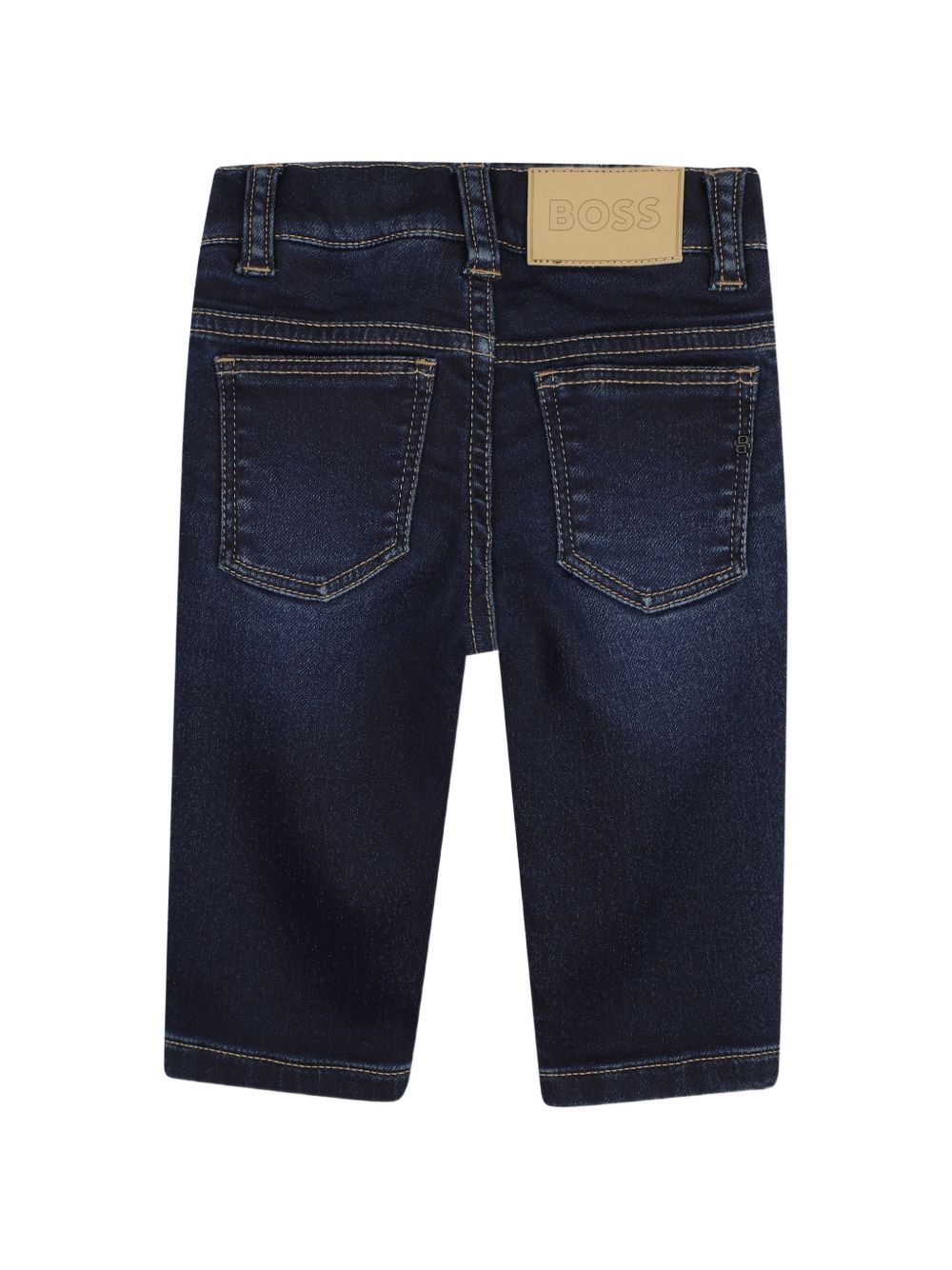 Jeans blu cinque tasche con patch logo Boss