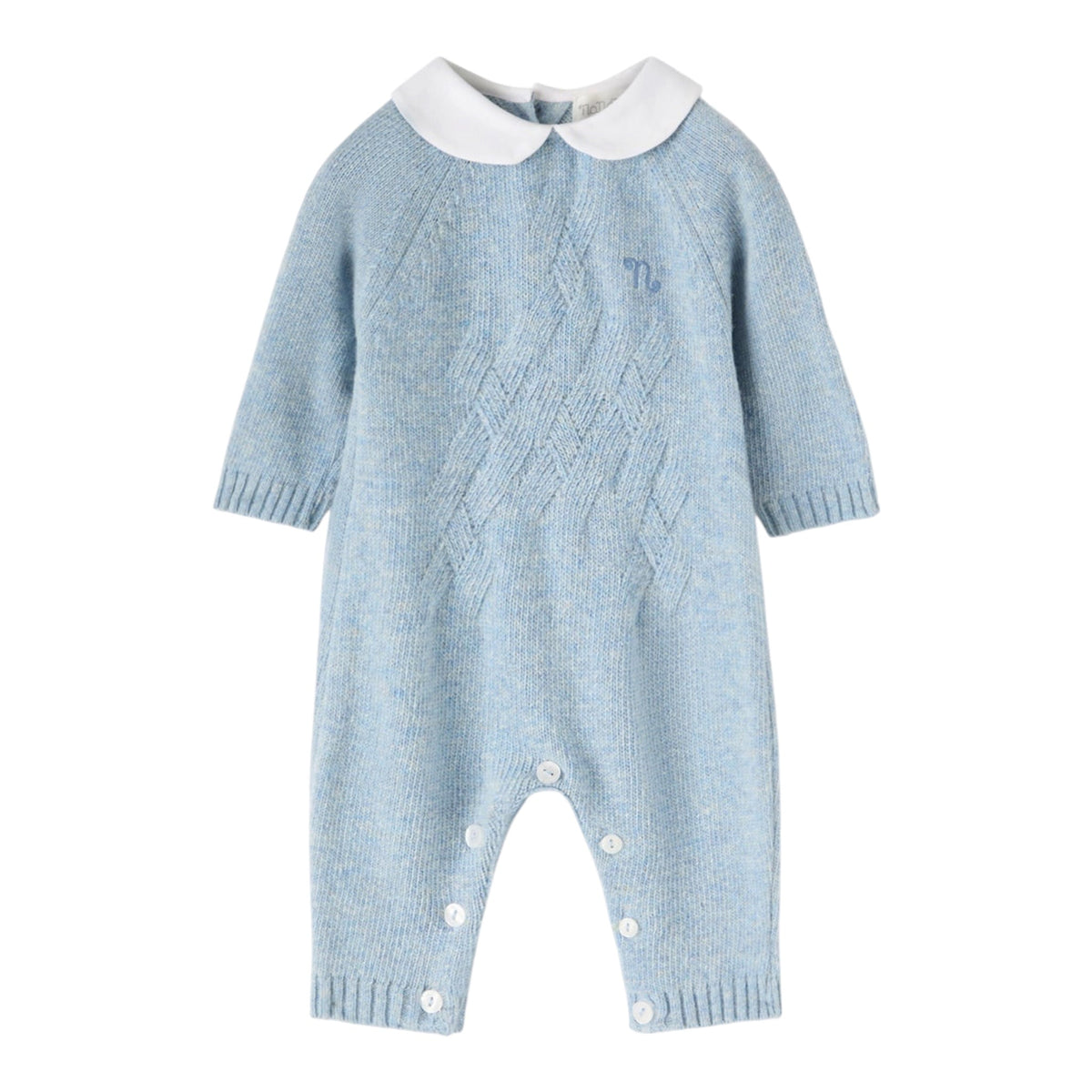 Tutina azzurra in filo misto cashmere con dettagli logo Nanan