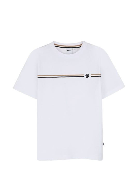 T-shirt bianca con dettagli logo Boss stampati frontali