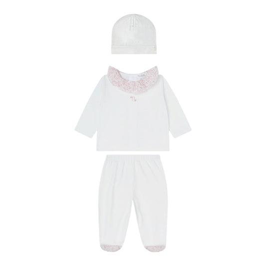 Tutina 2 pezzi e cappello bianco in jersey e tessuto Liberty rosa Nanan