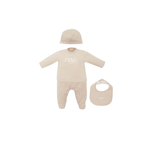 Set tutina, cappellino e bavaglino beige con logo Fendi