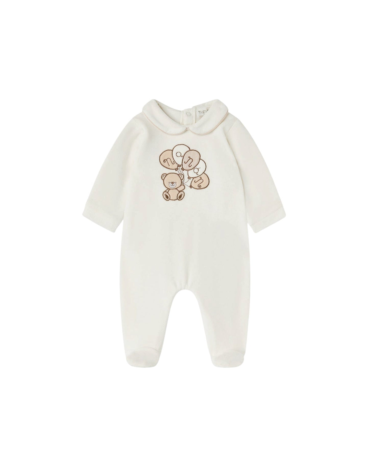 Tutina in ciniglia bianca con patch orsetto con palloncini e logo Nanan frontale