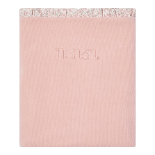 Coperta bicolore reversibile con rouches fiorellini e logo cucito Nanan
