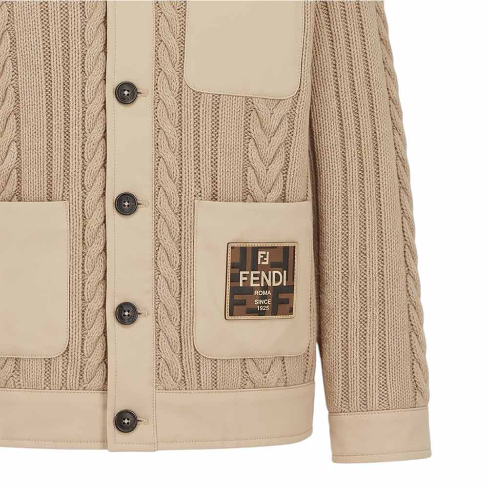 Cardigan giubbino beige con dettagli logo Fendi