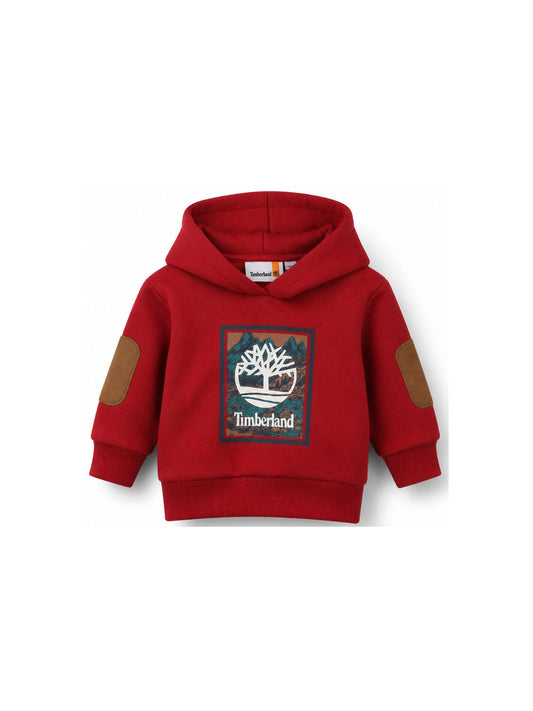 Felpa rossa con cappuccio baby e stampa logo Timberland frontale
