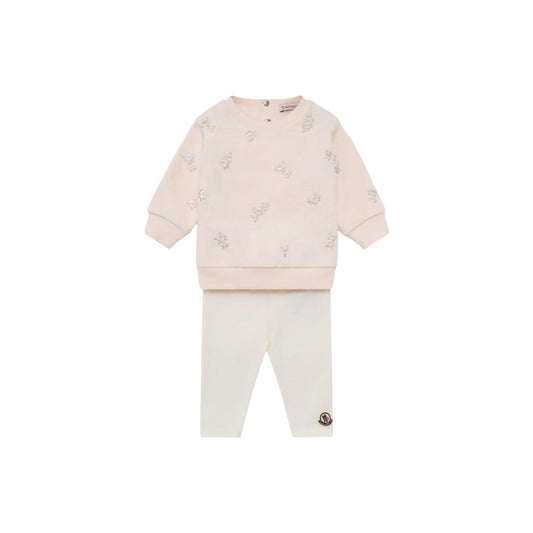 Completo felpa rosa e leggings bianco con ricami e patch logo Moncler