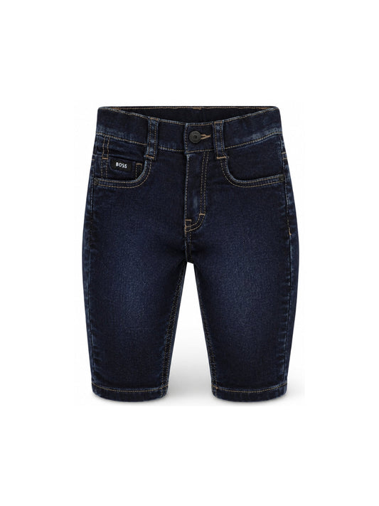 Jeans blu cinque tasche con patch logo Boss