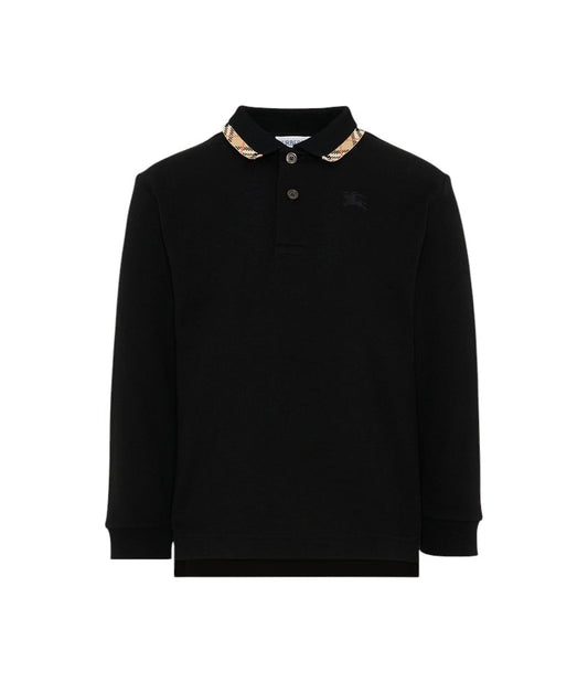 Polo nera manica lunga con dettagli logo Burberry