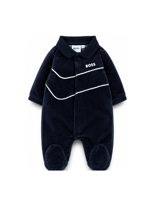 Tutina in ciniglia blu con logo Boss stampato frontale