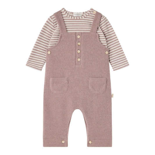 Completo 2 pezzi beige con t-shirt rigata e salopette Nanan