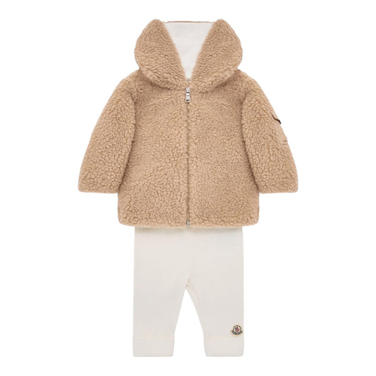 Completo felpa teddy e pantalone bianco con patch logo Moncler