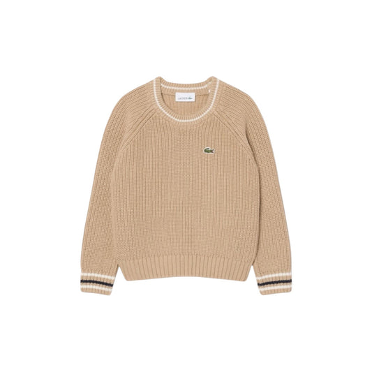 Maglione beige ad intarsio con patch logo Lacoste