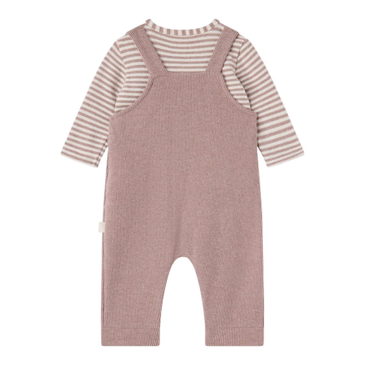 Completo 2 pezzi beige con t-shirt rigata e salopette Nanan
