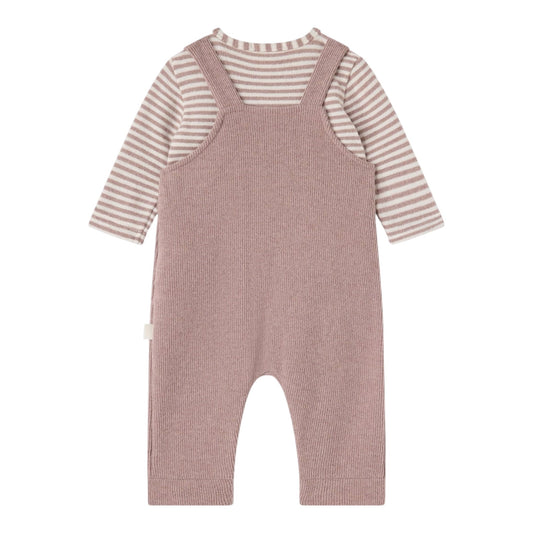 Completo 2 pezzi beige con t-shirt rigata e salopette Nanan
