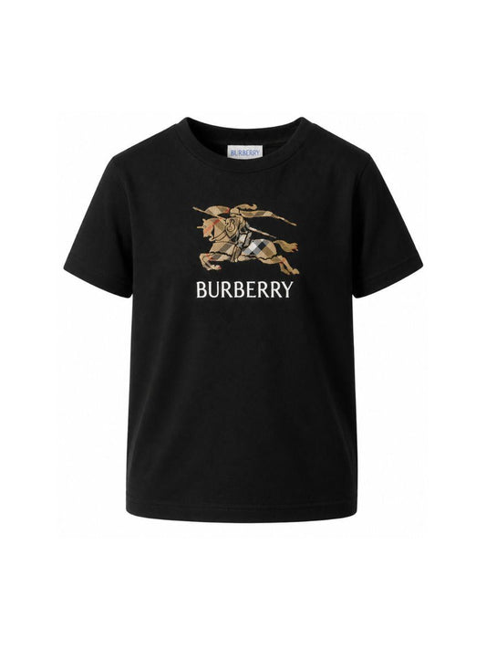T-shirt nera con patch logo Burberry frontale
