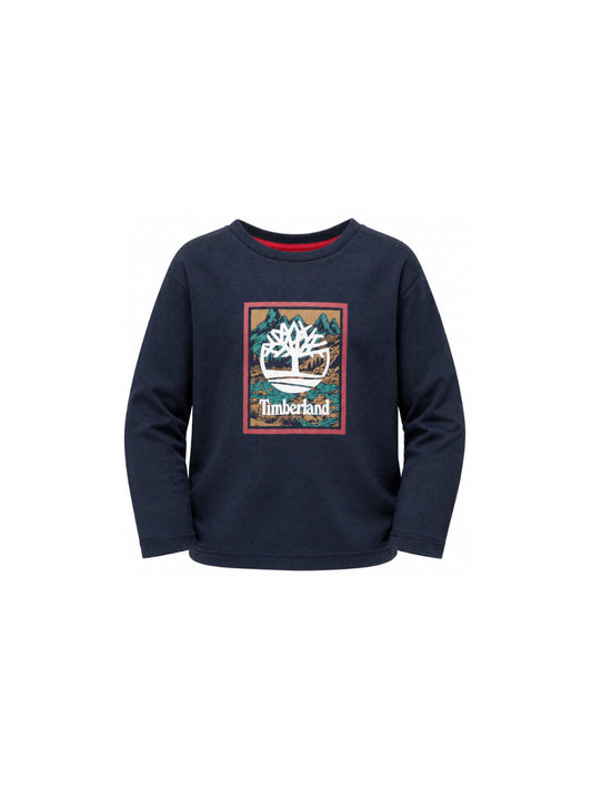 T-shirt blu manica lunga con stampa logo Timberland frontale
