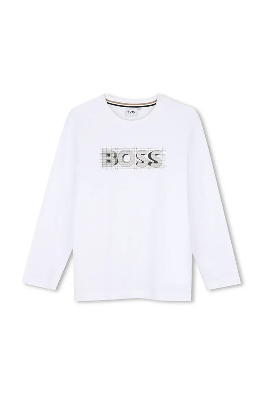 T-shirt manica lunga bianca con stampa logo Boss frontale