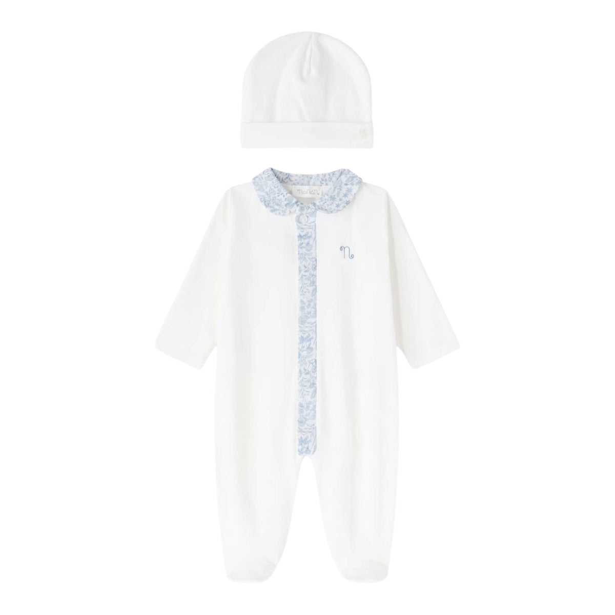 Tutina e cappello bianco in jersey e tessuto Liberty azzurro Nanan